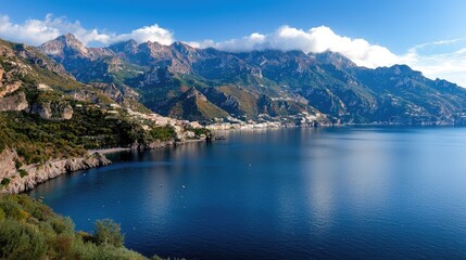 Coastal town nestled in mountains overlooking a clear blue sea. Scenic view of Amalfi Coast. Possible use Stock photo