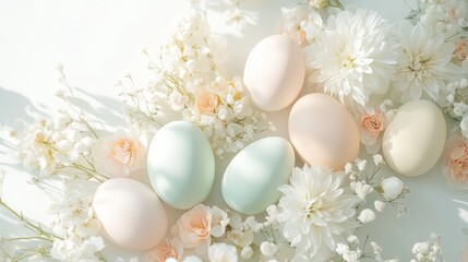Obraz premium A harmonious pastel-toned Easter arrangement with carefully placed eggs in soft hues of mint green, blush pink, and pale yellow, nestled among delicate fresh flowers. 