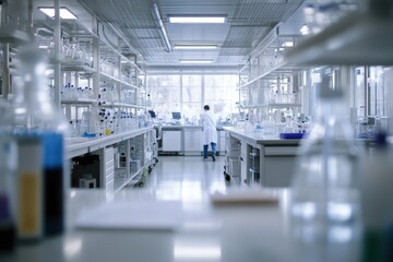 Innovative drug research in a state-of-the-art laboratory featuring beakers and flasks modern science environment focused viewpoint on drug development