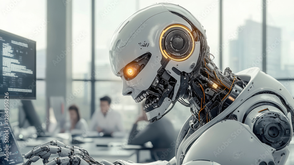 Poster futuristic android robot with glowing eyes working on computer in modern office setting