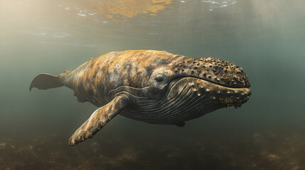 Fototapeta premium Majestic humpback whale swimming underwater in sunlit ocean depths near coral reef