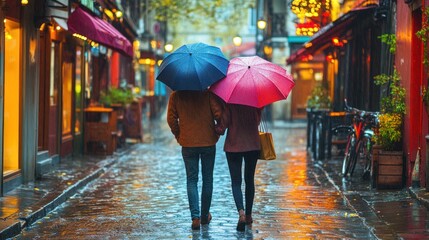 Couple walking hand-in-hand under umbrellas on a rainy Parisian street.