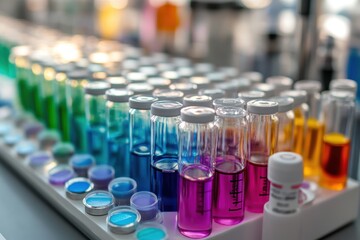Colorful liquid drug medications in glass vials displayed in a laboratory environment capturing vibrant chemistry concepts and innovative pharmaceutical practices