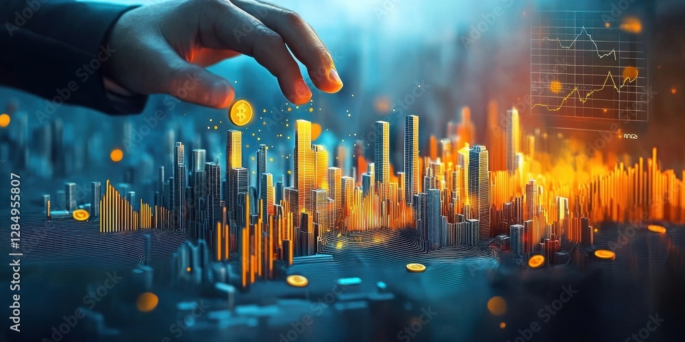 Poster exploring the intersection of technology and finance in a digital cityscape - a visualization of cry
