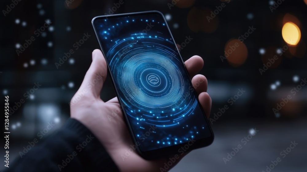 Poster hand holding mobile phone with futuristic hologram user interface for cyber security, data protectio