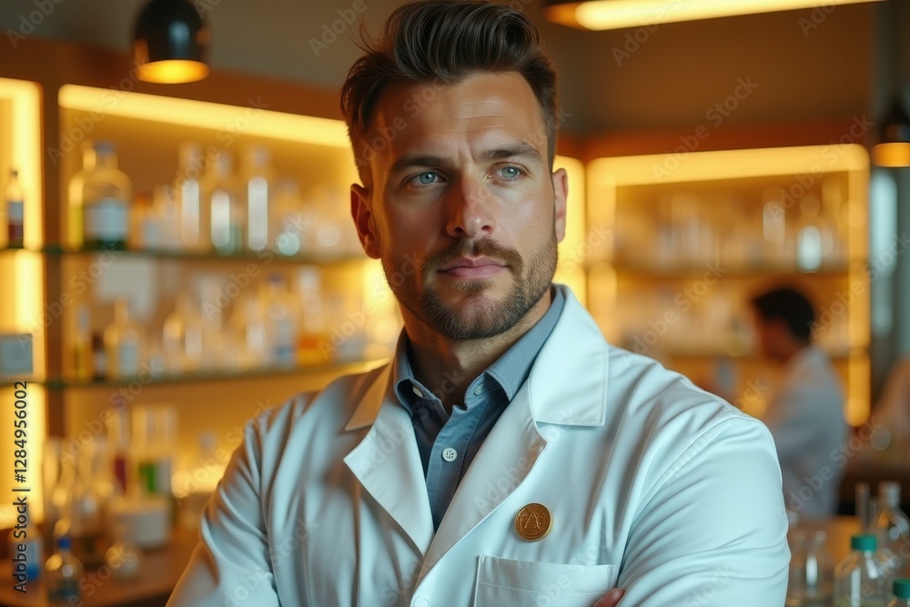 Poster man is wearing lab coat and standing in front of bar