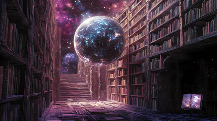 Mystical library with cosmic sphere - generative ai. Interstellar Library Bookshelves. Illustration
