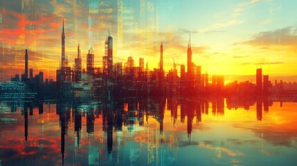 Futuristic cityscape reflected in water under a vibrant sunset