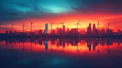 Cityscape with wind turbines set against a fiery sunset