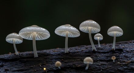 Fototapeta premium Delicate translucent white mushrooms with glowing caps and intricate gills, growing on a dark textured log with blurred green background, concept for nature, organic products and fantasy themes