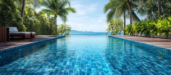 Fototapeta premium Tranquil infinity pool overlooking the ocean framed by lush tropical greenery.