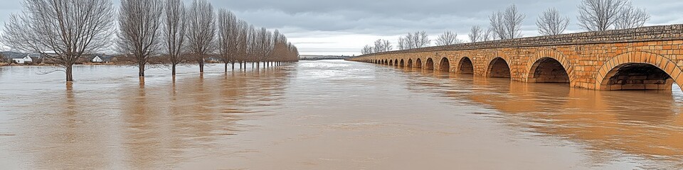 Dramatic Flooded Landscape with Historical Stone Bridge and Bare Trees Under Cloudy Sky Showcasing Severe Weather Impact and Scenic Aftermath Photography