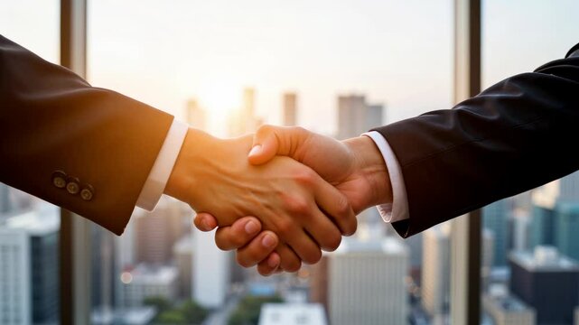 Business handshake, symbolizing a contractual agreement against backdrop of city skyline at sunset. Concept of business partners' agreements