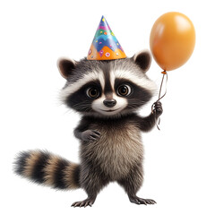 A Jolly 3D Cartoon Raccoon Holding a Balloon Isolated on Transparent Background