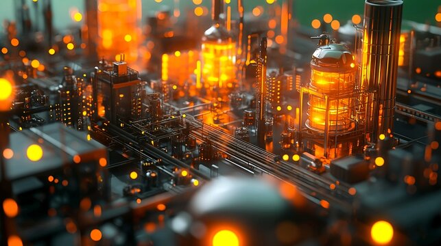 3D render of a miniature chemical plant with a glowing light and green background in a futuristic style. Industrial futuristic plant nanotechnology motif concept