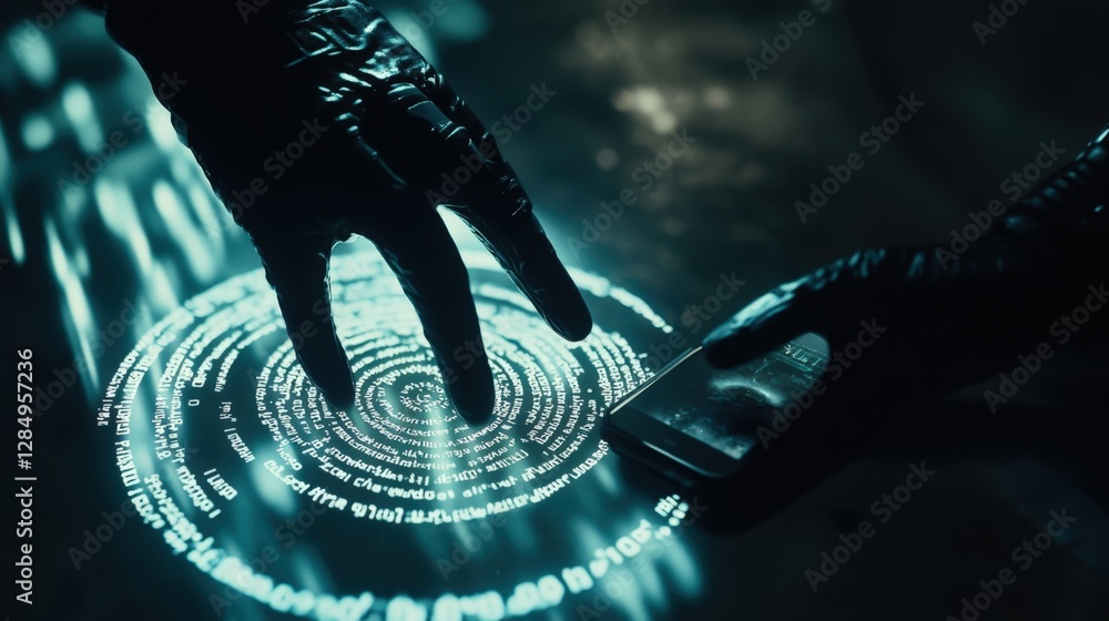 Poster two software engineers, gloved and focused, collaborating on a hacking operation with a futuristic h