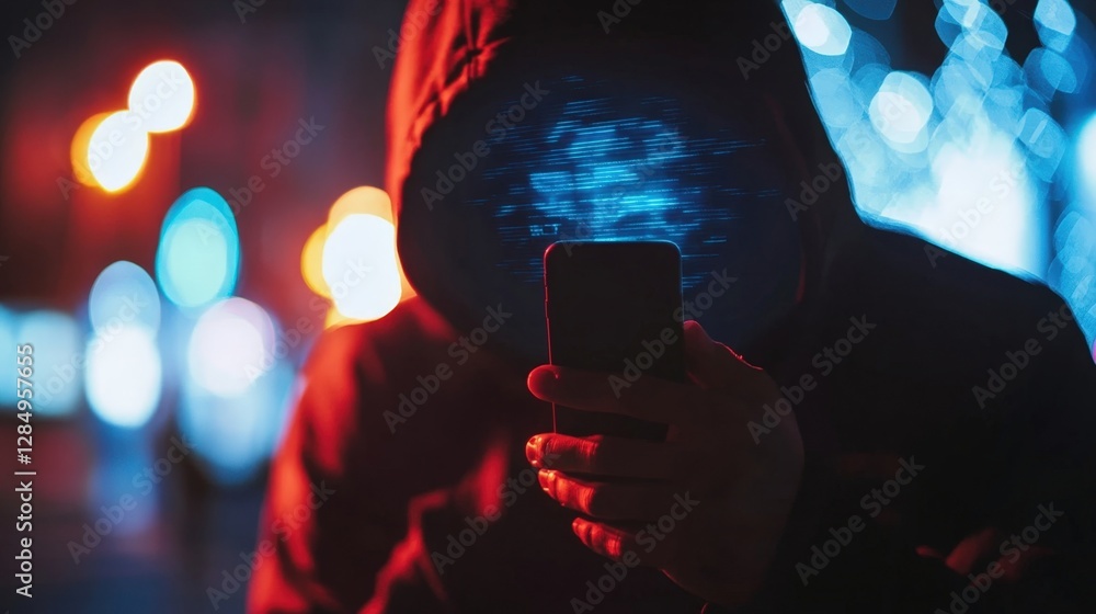 Poster hacker is using smartphone and hiding face with futuristic hologram projection of planet earth and b