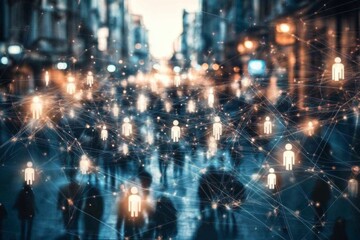 Crowds of people move through a bustling city street during the evening, with glowing digital icons symbolizing social connections weaving through the scene. Generative AI