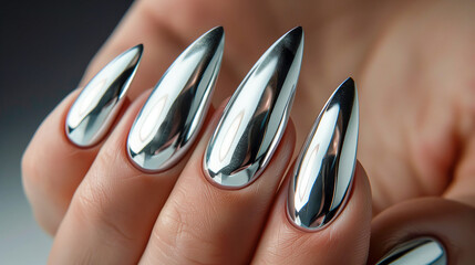 Stylish chrome nails catch the light, showcasing creative artistry. Manicure with chrome details and 3D accents