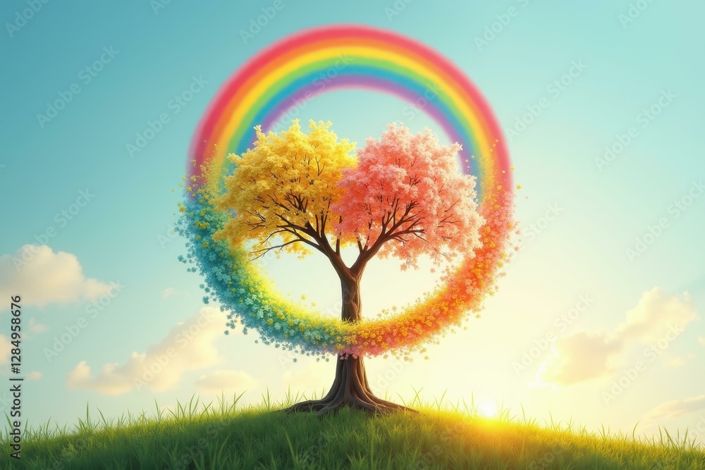 Poster tree is in shape of heart with rainbow in sky