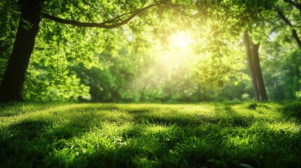 Fototapeta premium A vibrant spring landscape showcases green grass sprinkled with colorful blooms, bathed in sunlight as nature awakens in renewal and freshness