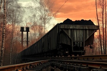 Fototapeta premium A coal train moves steadily along the railway tracks at sunset, with a black coal cargo highlighted against the orange sky and bare trees in the background. Generative AI
