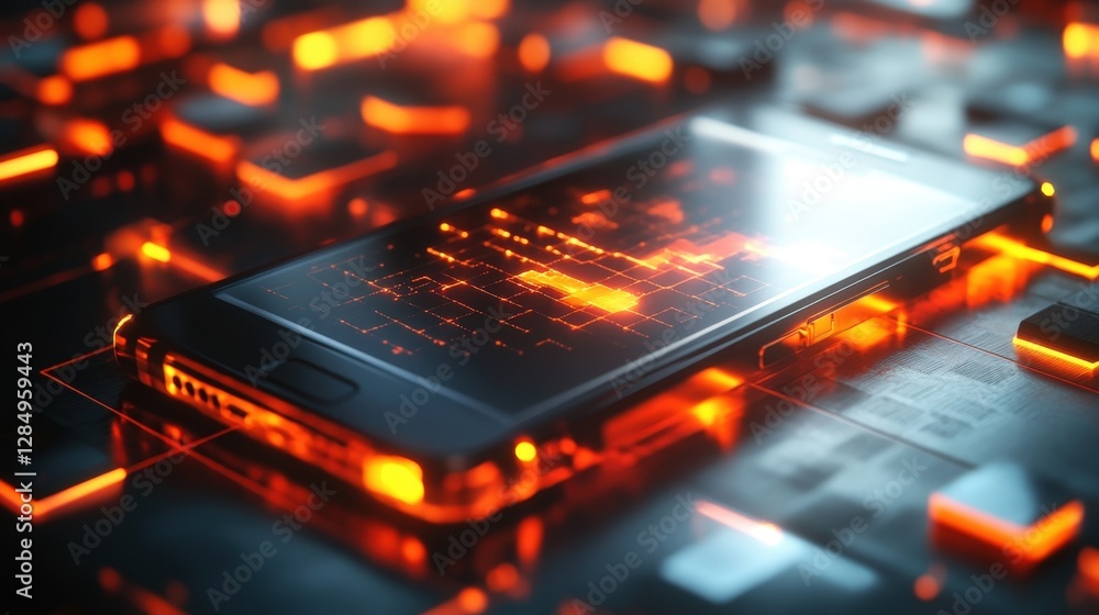 Poster futuristic smartphone displaying glowing data streams and lines of code on its screen, lying on a vi