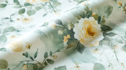 A close-up of a floral fabric featuring soft roses and greenery in a delicate design.