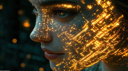 Woman, circuit face, night, bokeh, AI concept