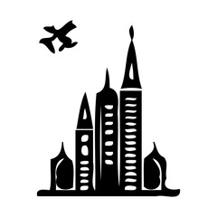 Monochrome Cityscape with Abstract Bird Icon