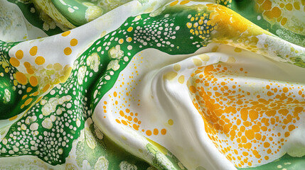 Fototapeta premium A close-up of colorful, patterned fabric featuring green and yellow designs.