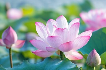 Nestled among lush green leaves, blooming lotus flowers display delicate petals in shades of pink and white, symbolizing the beauty of spring and renewal