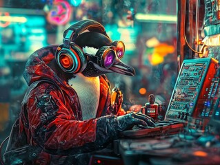 Stylish penguin with headphones in the theme and style of cyberpunk and steampunk. A blend of nature and technology, concept.