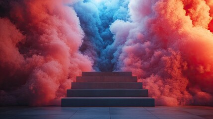 Concrete stairs amidst colored smoke and fog with soft lighting