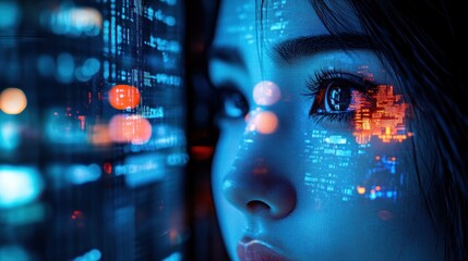 Woman coding, night city backdrop, data overlay, tech future