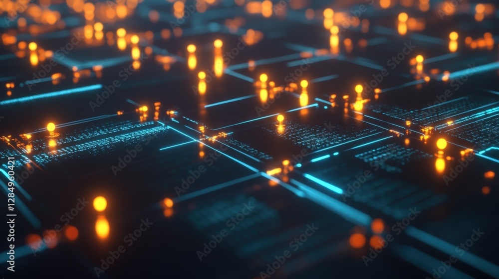 Poster complex network nodes processing and exchanging data streams, visualized with glowing lines and oran
