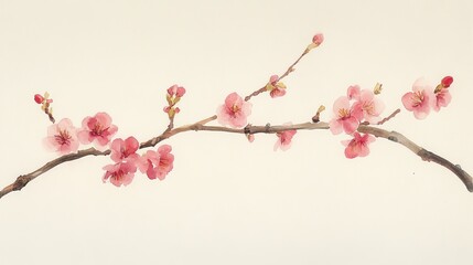 A delicate branch of pink cherry blossoms against a light background.