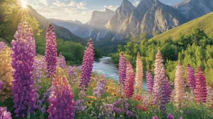 Stunning Mountain Valley Landscape with Vibrant Lupine Flowers, Serene River, and Majestic Peaks Under Clear Blue Skies - Perfect Nature Getaway Scene