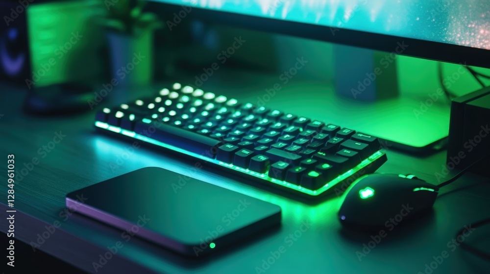 Poster backlit keyboard and mouse glowing in a dark room, creating an immersive atmosphere for focused cybe