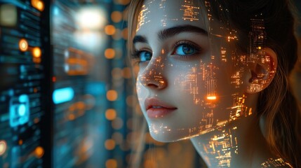 Woman, futuristic overlay, server room, data, AI
