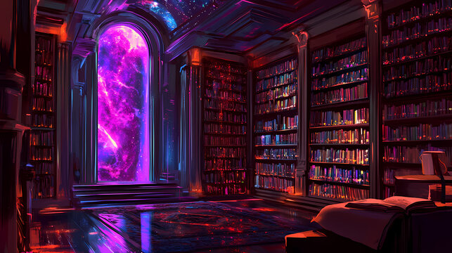 Cosmic library: a scene of interstellar exploration and bookish wonders. Interstellar Library Bookshelves. Illustration
