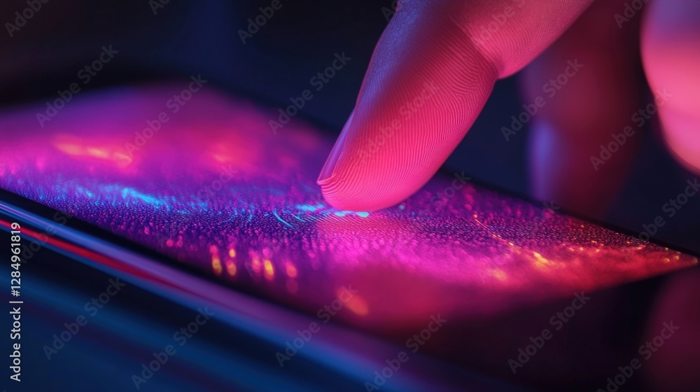Poster finger touching smartphone screen with glowing cyber security data visualization. representing digit
