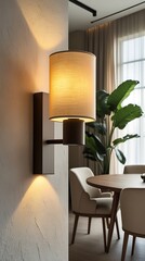 Elegant modern dining area with warm ambient lighting, stylish furniture, and lush indoor plants. Cozy atmosphere with soft curtains, wooden table, and decorative wall lamp
