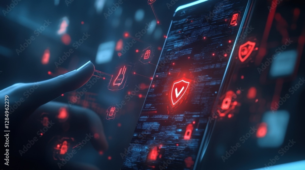 Aufkleber hand engaging with a mobile phone while activating network security features, ensuring robust data p