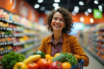 Woman is smiling while holding basket of vegetables in grocery store