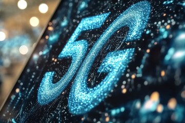 Close-up view of a futuristic 5G display featuring vibrant blue lights. The background is blurred, enhancing the focus on the glowing 5G symbol, representing advanced technology. Generative AI