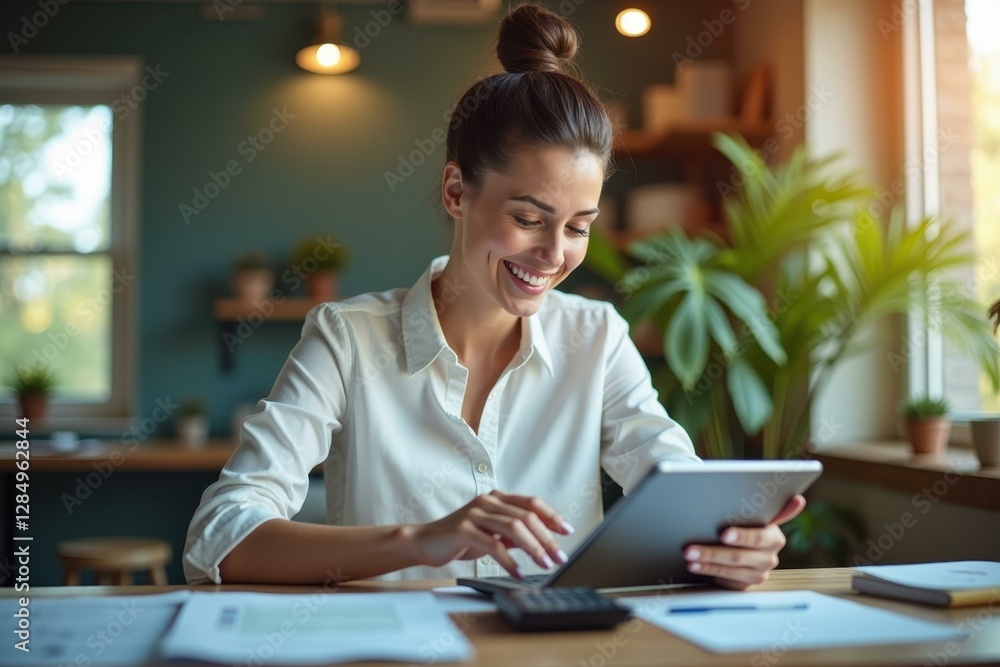 Poster woman is smiling while using her tablet computer at desk