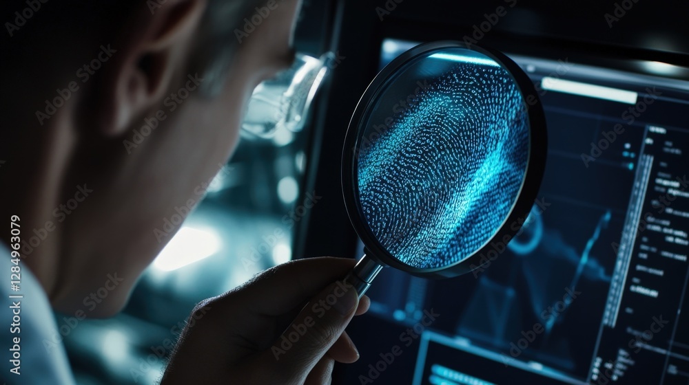 Poster cybersecurity expert uses a magnifying glass to examine a digital fingerprint displayed on a compute