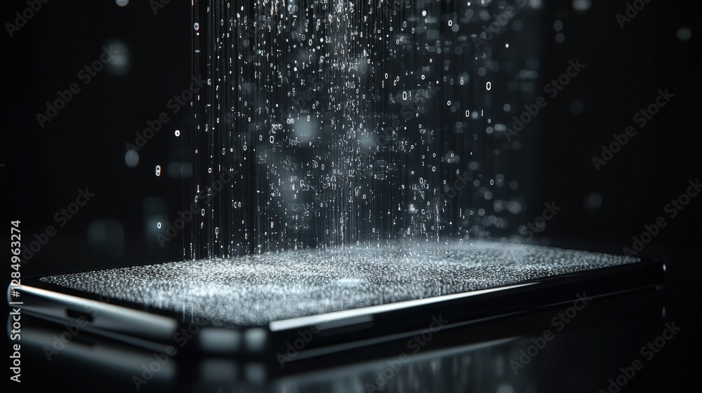 Poster falling binary code, glowing in ones and zeros, streams onto a smartphone screen in a dark setting, 