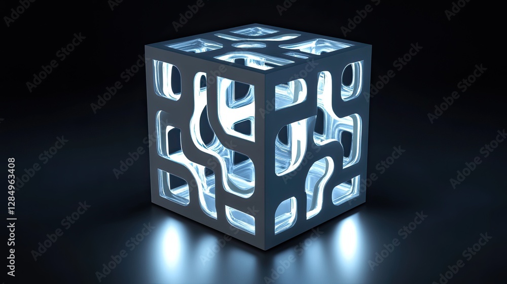 Poster digital 3d rendering of a glowing cube with interlocking geometric shapes.